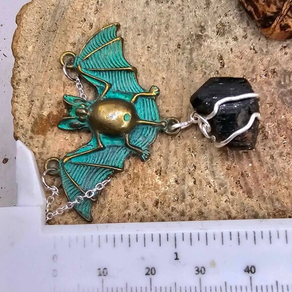 Flying Bat Nature Black Tourmaline Raw Stone Pendant Necklace - Picture 8 of 10